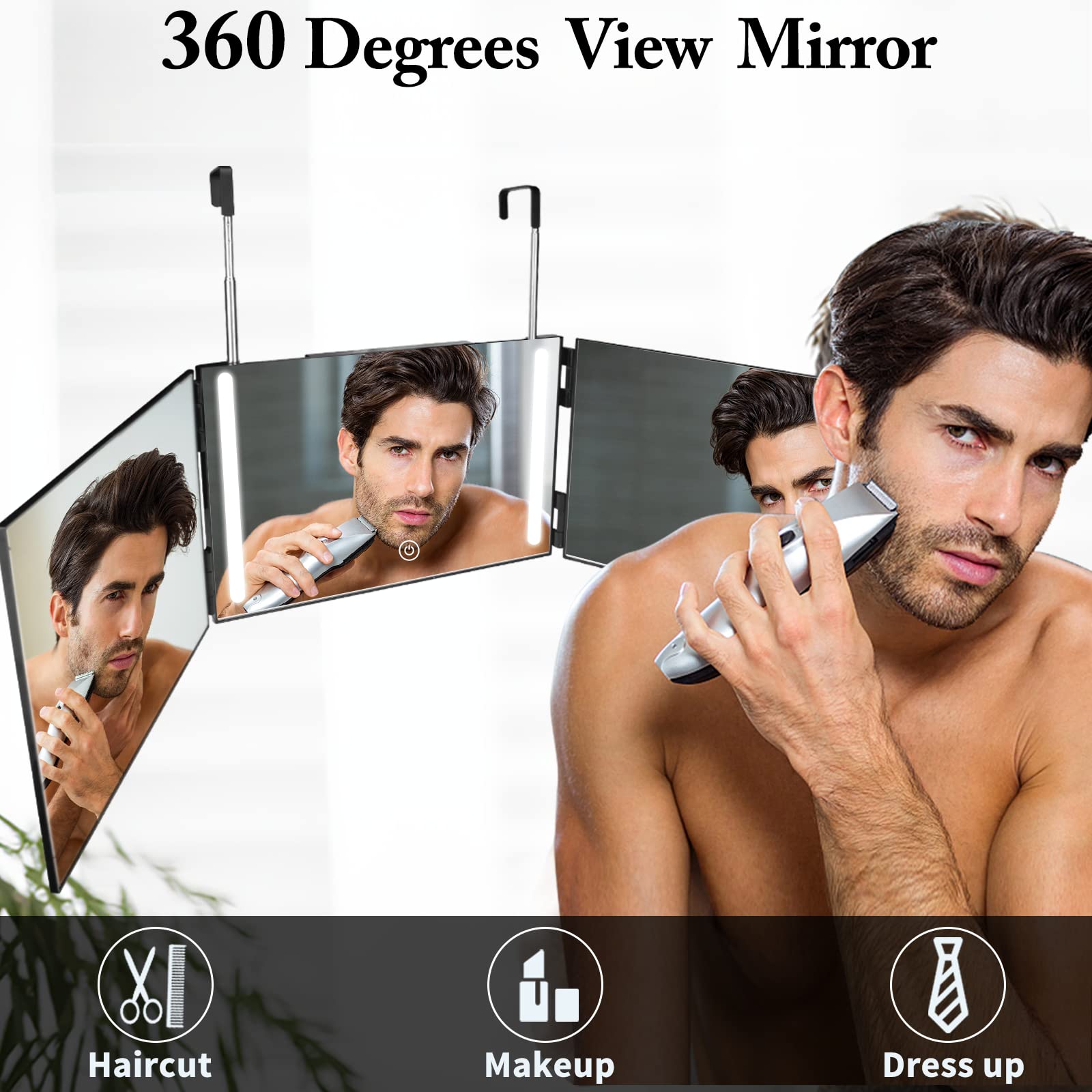 3 Way Mirror for Self Hair Cutting with LED Lights, Rechargeable 360 Barber Mirror Trifold Mirror Light Up Mirror for Makeup, Hair Styling, Unique Birthday for Man Woman