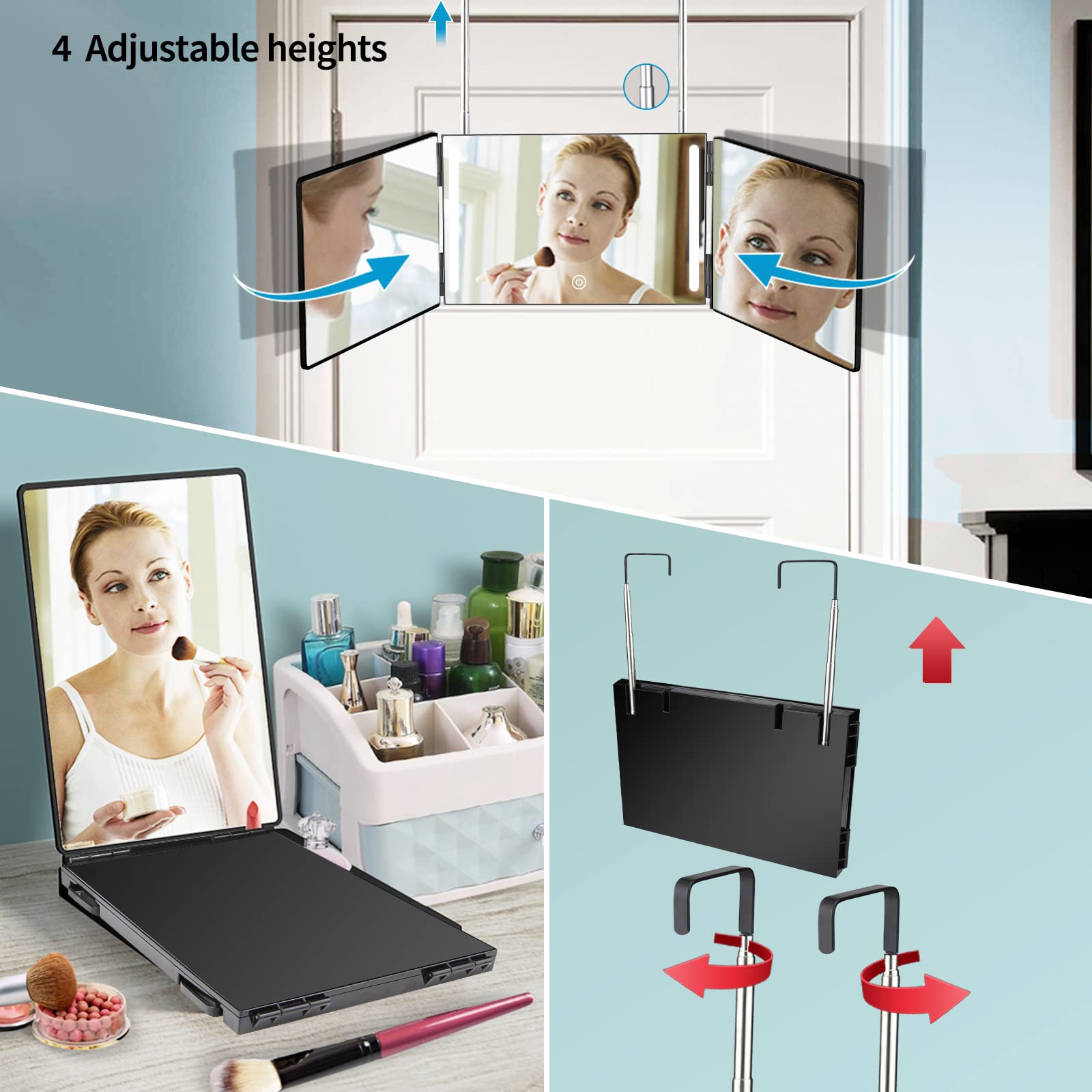 3 Way Mirror for Self Hair Cutting with LED Lights, Rechargeable 360 Barber Mirror Trifold Mirror Light Up Mirror for Makeup, Hair Styling, Unique Birthday for Man Woman