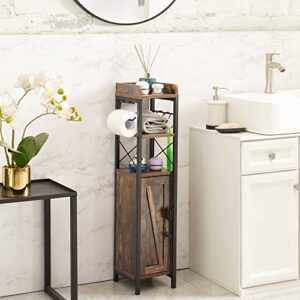 VECELO Small Bathroom Cabinet Toilet Paper Holder with Door & 2 Shelves, Upgraded Storage Organizer,Fenced Top, Waterproof Coating, 7.9" L x 7.1" W x 31.5" H, Slim-Rustic Brown