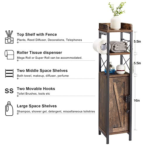 VECELO Small Bathroom Cabinet Toilet Paper Holder with Door & 2 Shelves, Upgraded Storage Organizer,Fenced Top, Waterproof Coating, 7.9" L x 7.1" W x 31.5" H, Slim-Rustic Brown