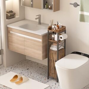 VECELO Small Bathroom Cabinet Toilet Paper Holder with Door & 2 Shelves, Upgraded Storage Organizer,Fenced Top, Waterproof Coating, 7.9" L x 7.1" W x 31.5" H, Slim-Rustic Brown