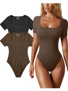 oqq women's 2 piece bodysuits sexy ribbed one piece square neck short sleeve bodysuits black coffee