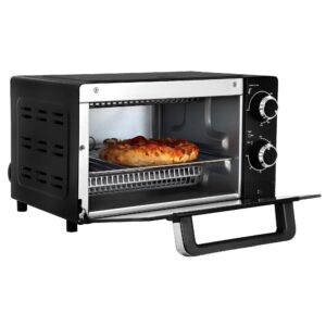 Total Chef Toaster Oven 4 Slice Small Compact Kitchen Appliance Pizza Bake Toast Rost Broil Bread toaster auto shutoff Crumble tray Natural Convection Countertop Black And Stainless Steel