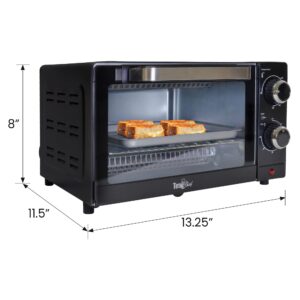 Total Chef Toaster Oven 4 Slice Small Compact Kitchen Appliance Pizza Bake Toast Rost Broil Bread toaster auto shutoff Crumble tray Natural Convection Countertop Black And Stainless Steel