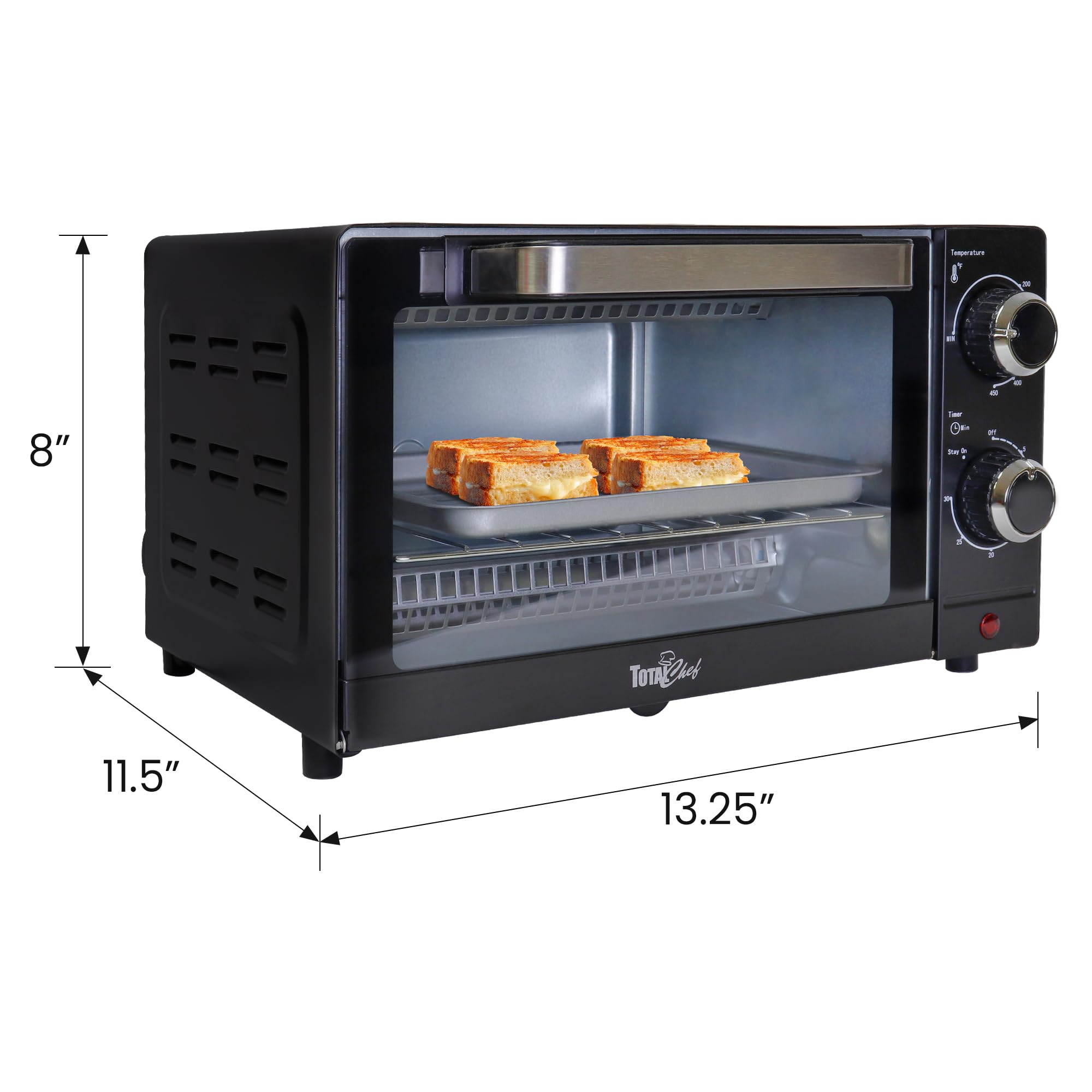 Total Chef Toaster Oven 4 Slice Small Compact Kitchen Appliance Pizza Bake Toast Rost Broil Bread toaster auto shutoff Crumble tray Natural Convection Countertop Black And Stainless Steel