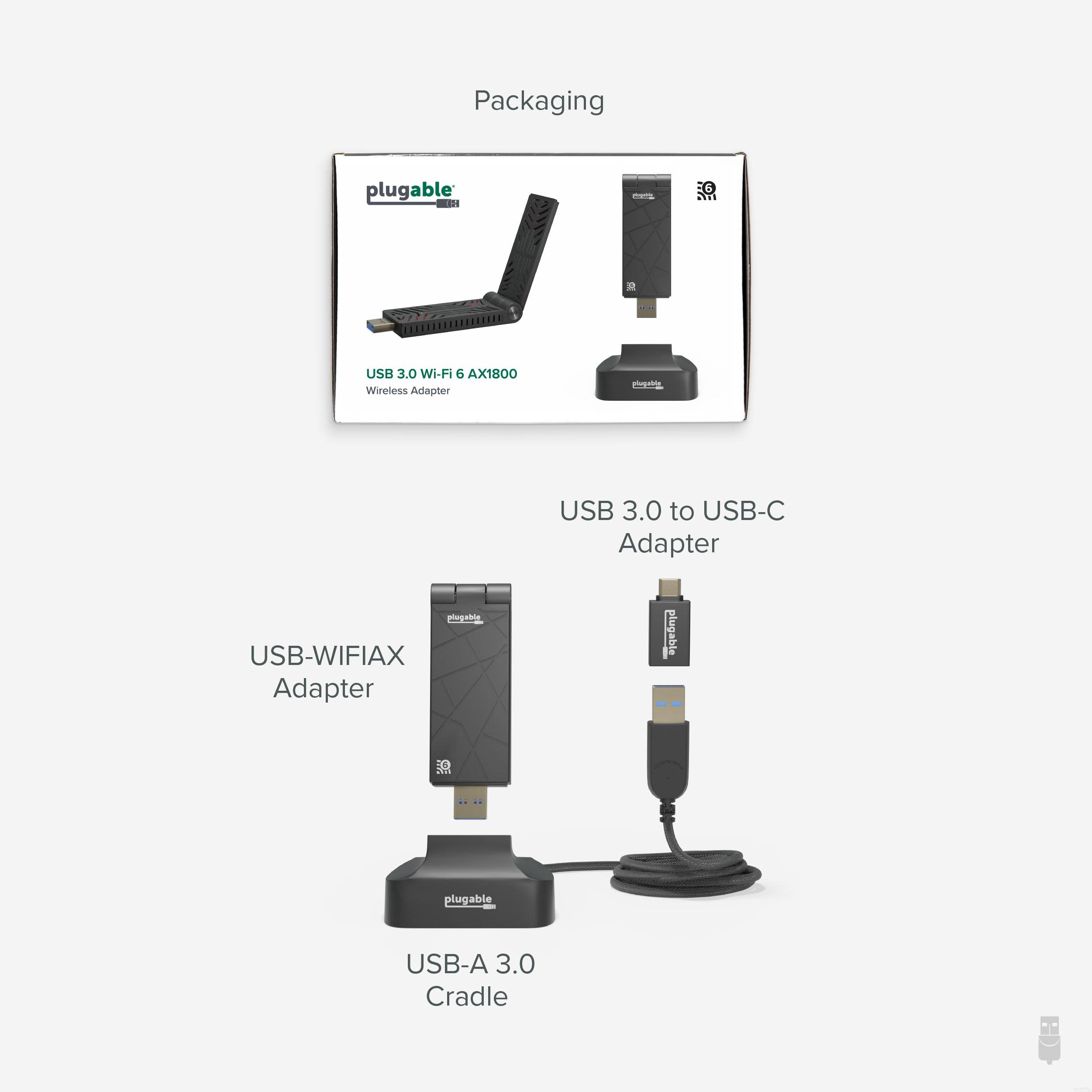 Plugable WiFi 6 USB WiFi Adapter for Desktop PC and Laptops, AX1800 USB 3.0 and USB C Wireless Adapter with 2.4GHz + 5GHz Dual Band Connection for Windows 10/11