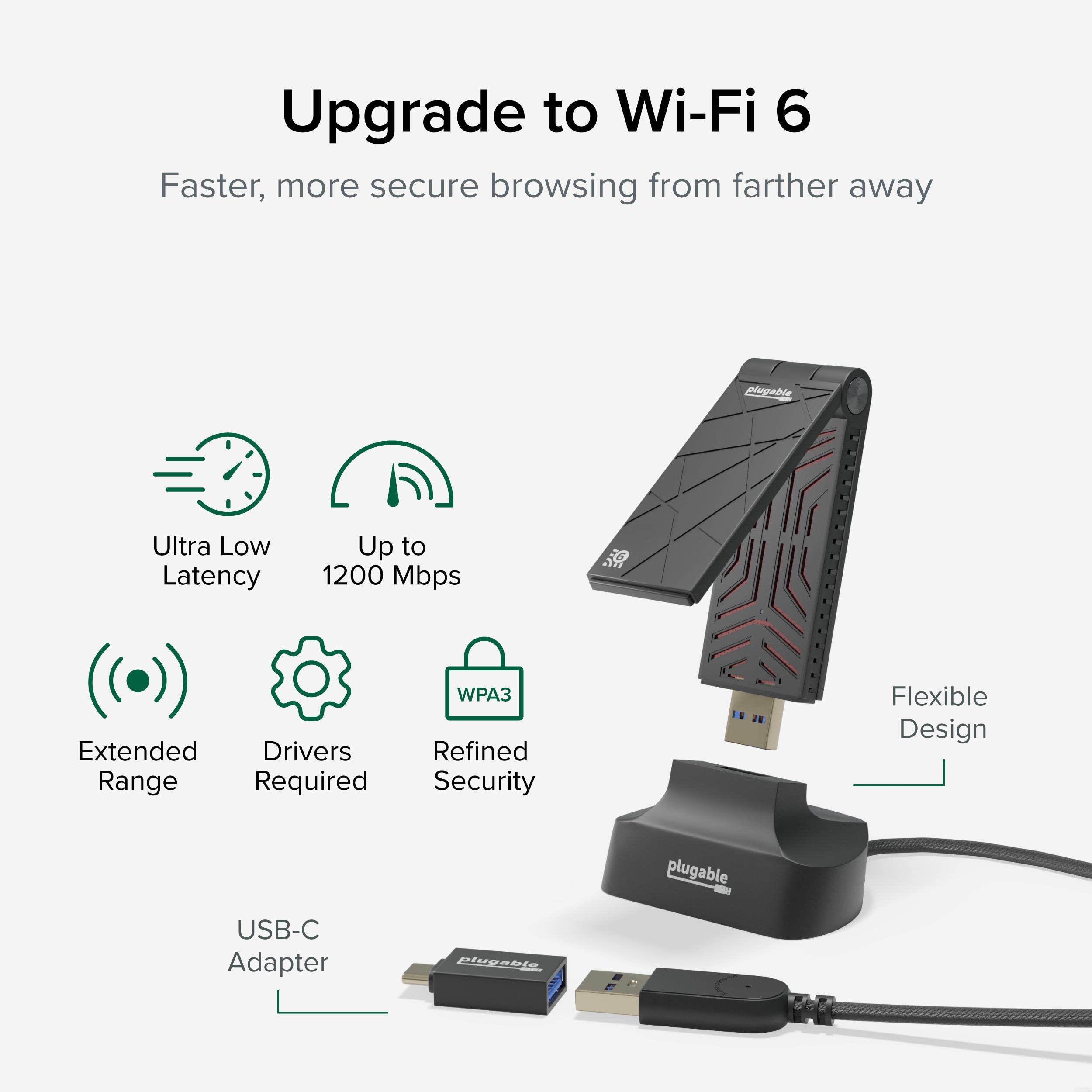 Plugable WiFi 6 USB WiFi Adapter for Desktop PC and Laptops, AX1800 USB 3.0 and USB C Wireless Adapter with 2.4GHz + 5GHz Dual Band Connection for Windows 10/11