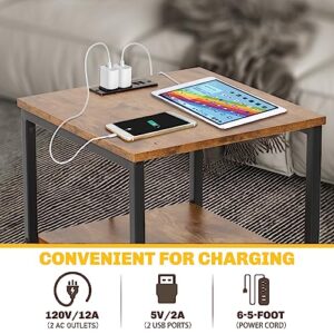 GORZING Nightstand with Charging Station, Small End Table, Narrow Side Table with Drawer, Rustic Bedside Tables for Bedroom, Living Room, Brown