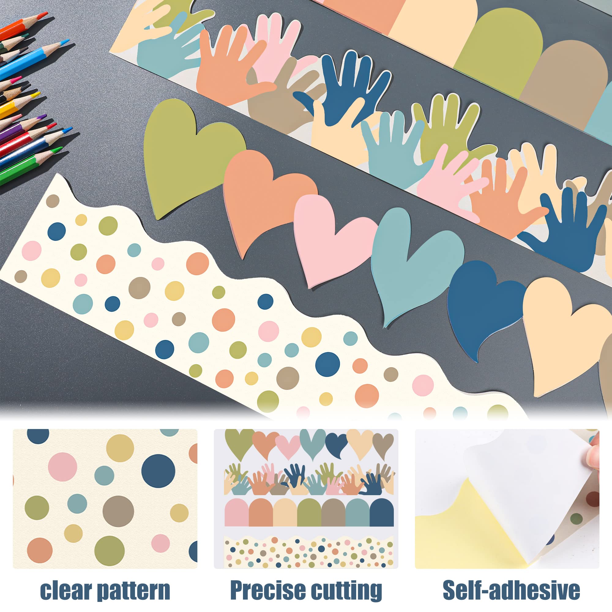 Boho Bulletin Board Borders Classroom Colorful Border Stickers Boho Die-Cut Border Trims Bulletin Board Scalloped Borders Self-Adhesive for School Blackboard Chalkboard Desk, 91.8 Ft