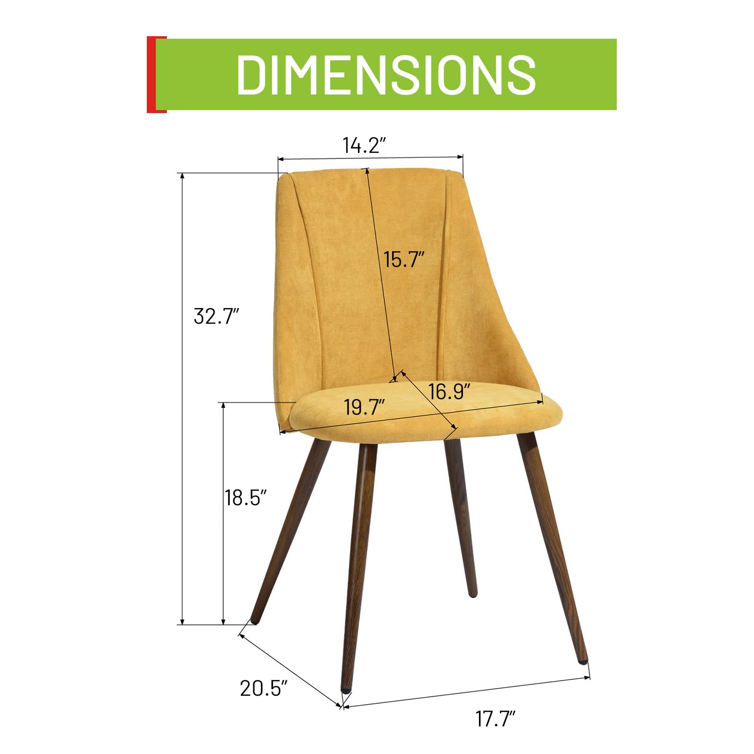 FurnitureR Dining Chairs Set of 2 Modern Fabric Upholstered Side Chairs Accent Chair Lving Room Chair with Soft Seat/Metal Legs for Home Kitchen Restaurant, Yellow