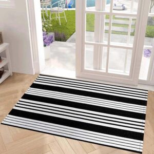 BUAGETUP Black and White Layered Doormat,27.5x43.3inch Striped Outdoor Rug Hand Woven Cotton Indoor Outdoor Rug for Porch Layered