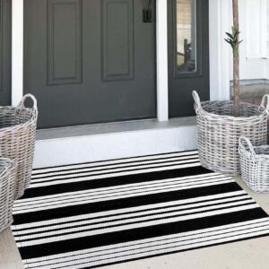 BUAGETUP Black and White Layered Doormat,27.5x43.3inch Striped Outdoor Rug Hand Woven Cotton Indoor Outdoor Rug for Porch Layered