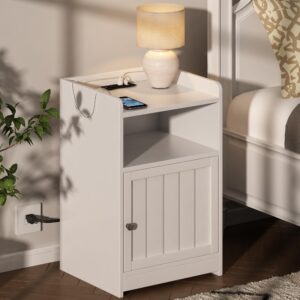 choochoo nightstand with charging station, night stand with cabinet and open storage, 2 ac and usb power outlets, bed side table for bedroom, white