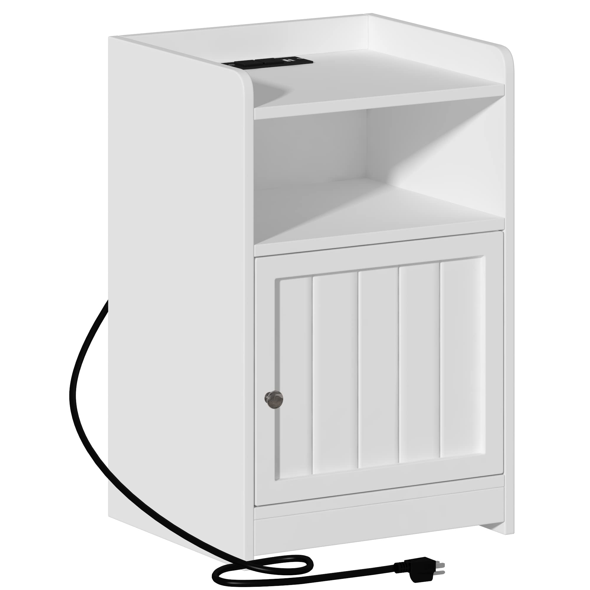 ChooChoo Nightstand with Charging Station, Night Stand with Cabinet and Open Storage, 2 AC and USB Power Outlets, Bed Side Table for Bedroom, White