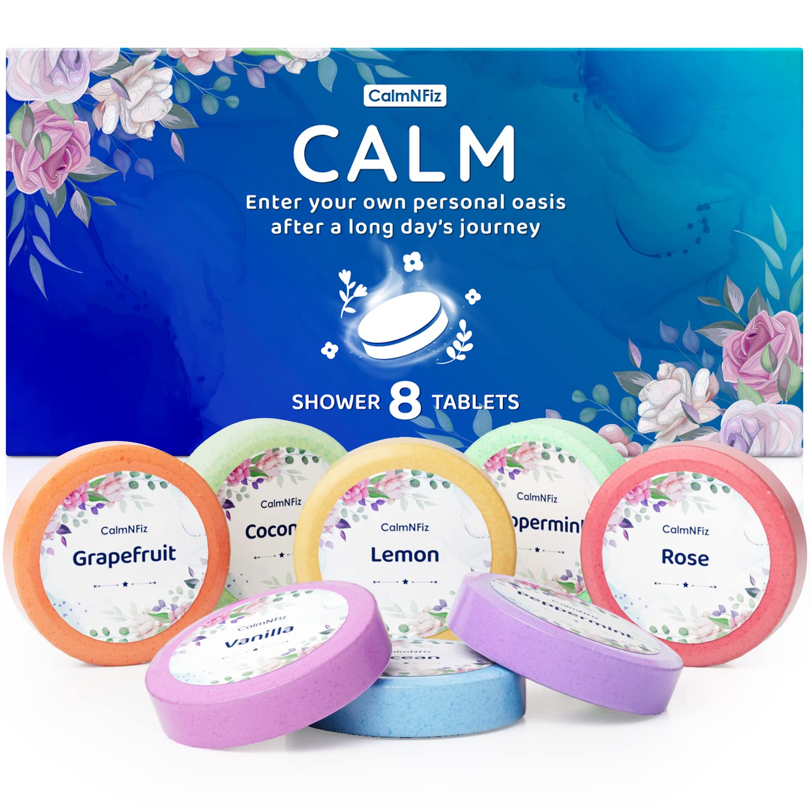 CalmNFiz 8 Pack Shower Steamers- Shower Steamer with Natural Fragrance: Coco Ocean Lemon Rose, etc, Luxury Relaxation Shower Bombs Presents for Women, Men, Mom & Girl