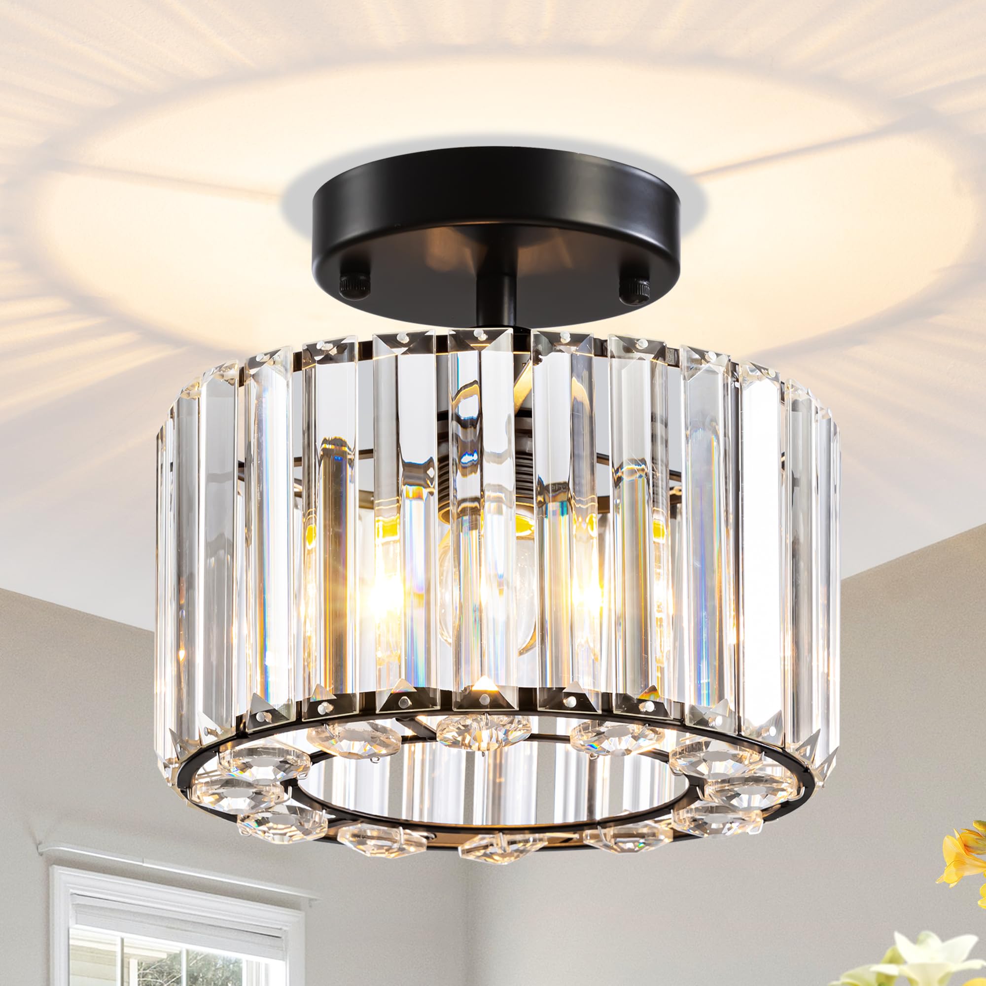 SYTPPLAN Modern Crystal Ceiling Light, Semi Flush Mount Ceiling Light Fixture Small Chandelier Crystals Hallway Light fixtures Black Close to Ceiling Light for Living Room Kitchen Bedroom