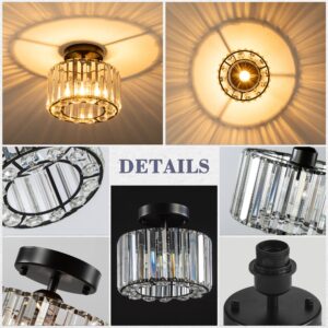 SYTPPLAN Modern Crystal Ceiling Light, Semi Flush Mount Ceiling Light Fixture Small Chandelier Crystals Hallway Light fixtures Black Close to Ceiling Light for Living Room Kitchen Bedroom