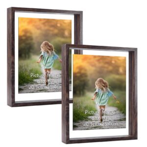 WIFTREY 8x10 Floating Picture Frame 2 Pack, Double Glass Distressed Floating Photo Frame 8 By 10 Displays Photo up to 10x12, Tabletop Hanging or Wall Mount, Light Brown