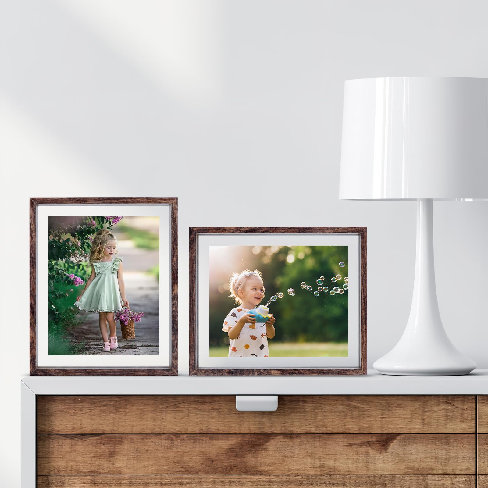 WIFTREY 8x10 Floating Picture Frame 2 Pack, Double Glass Distressed Floating Photo Frame 8 By 10 Displays Photo up to 10x12, Tabletop Hanging or Wall Mount, Light Brown