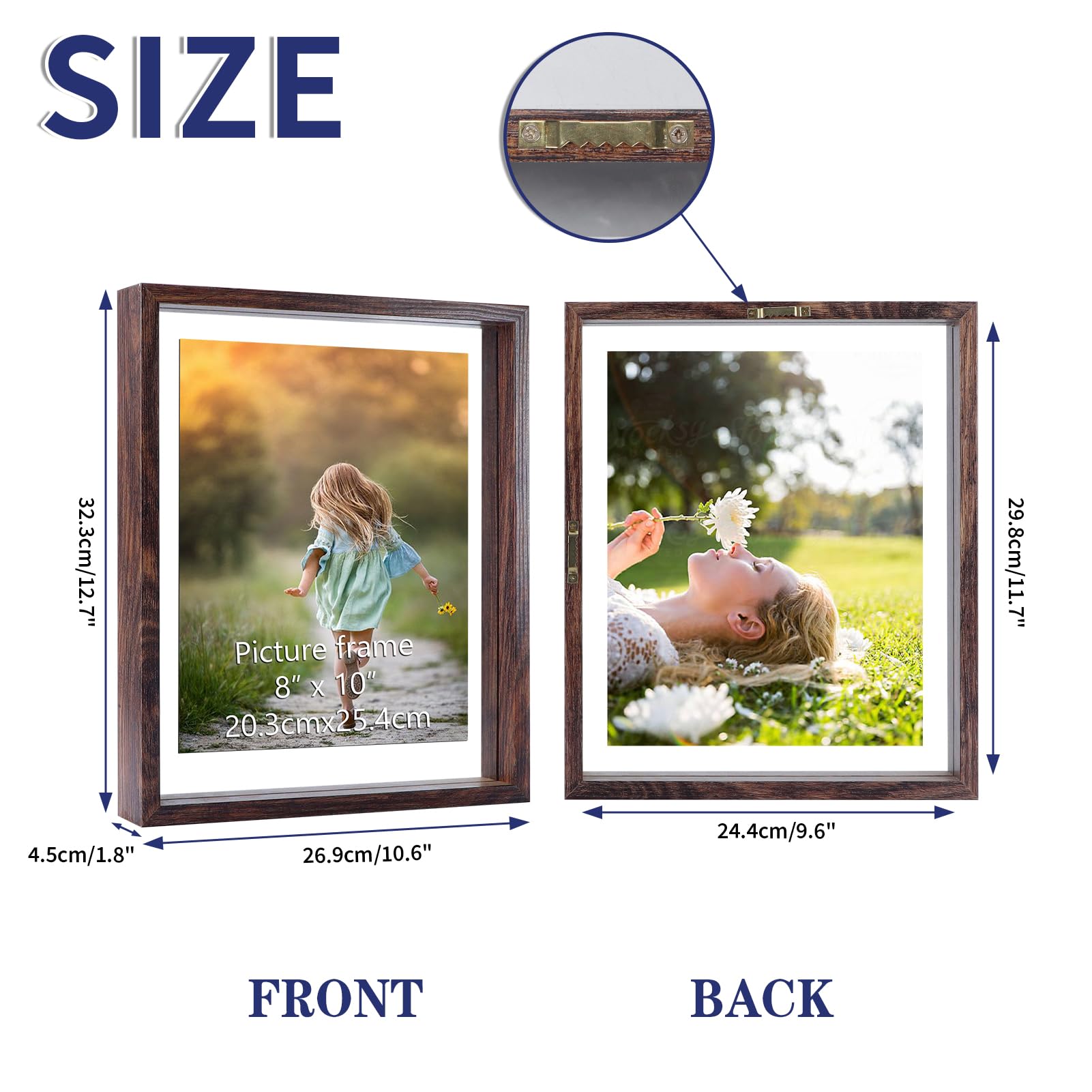 WIFTREY 8x10 Floating Picture Frame 2 Pack, Double Glass Distressed Floating Photo Frame 8 By 10 Displays Photo up to 10x12, Tabletop Hanging or Wall Mount, Light Brown