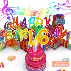 gumry sweet 16 birthday card, blowable musical birthday popup card with led light candle song 'happy', happy 16th birthday decorations,16th birthday gifts for 16 years old girls boys son daughter