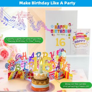 Gumry Sweet 16 Birthday Card, Blowable Musical Birthday PopUp Card with LED Light Candle Song 'HAPPY', Happy 16th Birthday Decorations,16th Birthday Gifts for 16 Years old Girls Boys Son Daughter