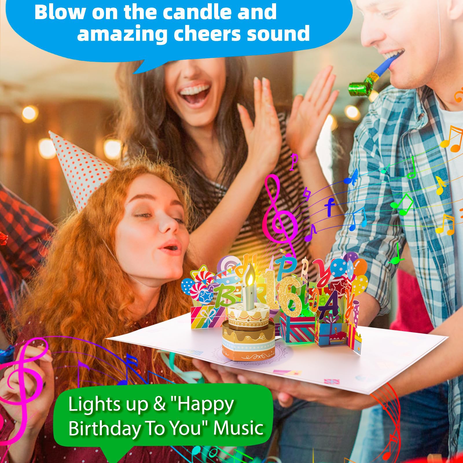 Gumry Sweet 16 Birthday Card, Blowable Musical Birthday PopUp Card with LED Light Candle Song 'HAPPY', Happy 16th Birthday Decorations,16th Birthday Gifts for 16 Years old Girls Boys Son Daughter