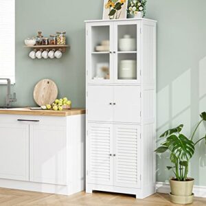 HOSTACK 67” Tall Kitchen Pantry Cabinet, Bathroom Storage Cabinet with Glass Doors and Shelves, Freestanding Floor Cabinet Cupboard for Bathroom, Living Room, Home Office, White