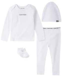 calvin klein organic unisex baby essentials 4-piece set with long sleeve tee & pants, ultra-soft beanie & socks included, bright white