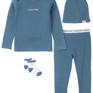 Calvin Klein Organic Baby Boys Essentials 4-Piece Set with Long Sleeve Tee & Pants, Ultra-Soft Beanie & Socks Included, Coronet Blue