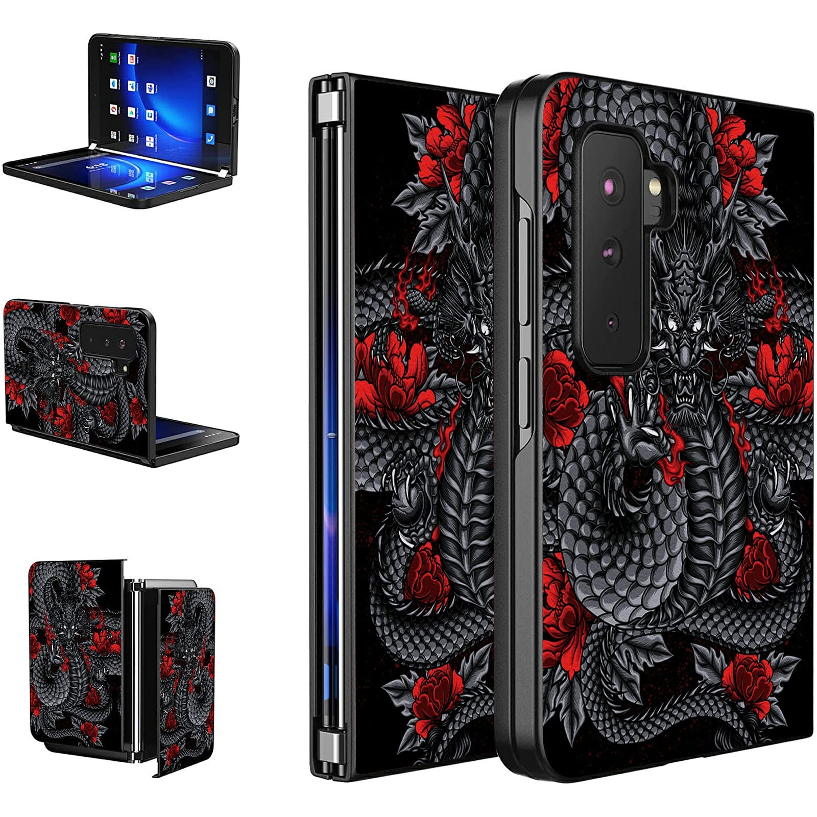 BWEGRHE Dragon Roses Designed for Microsoft Surface Duo 2 Case, Full Cover Ultra Thin PU Leather Back Hard PC Phone Case for Microsoft Surface Duo 2 2nd 2021