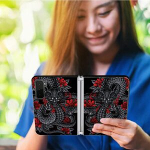 BWEGRHE Dragon Roses Designed for Microsoft Surface Duo 2 Case, Full Cover Ultra Thin PU Leather Back Hard PC Phone Case for Microsoft Surface Duo 2 2nd 2021