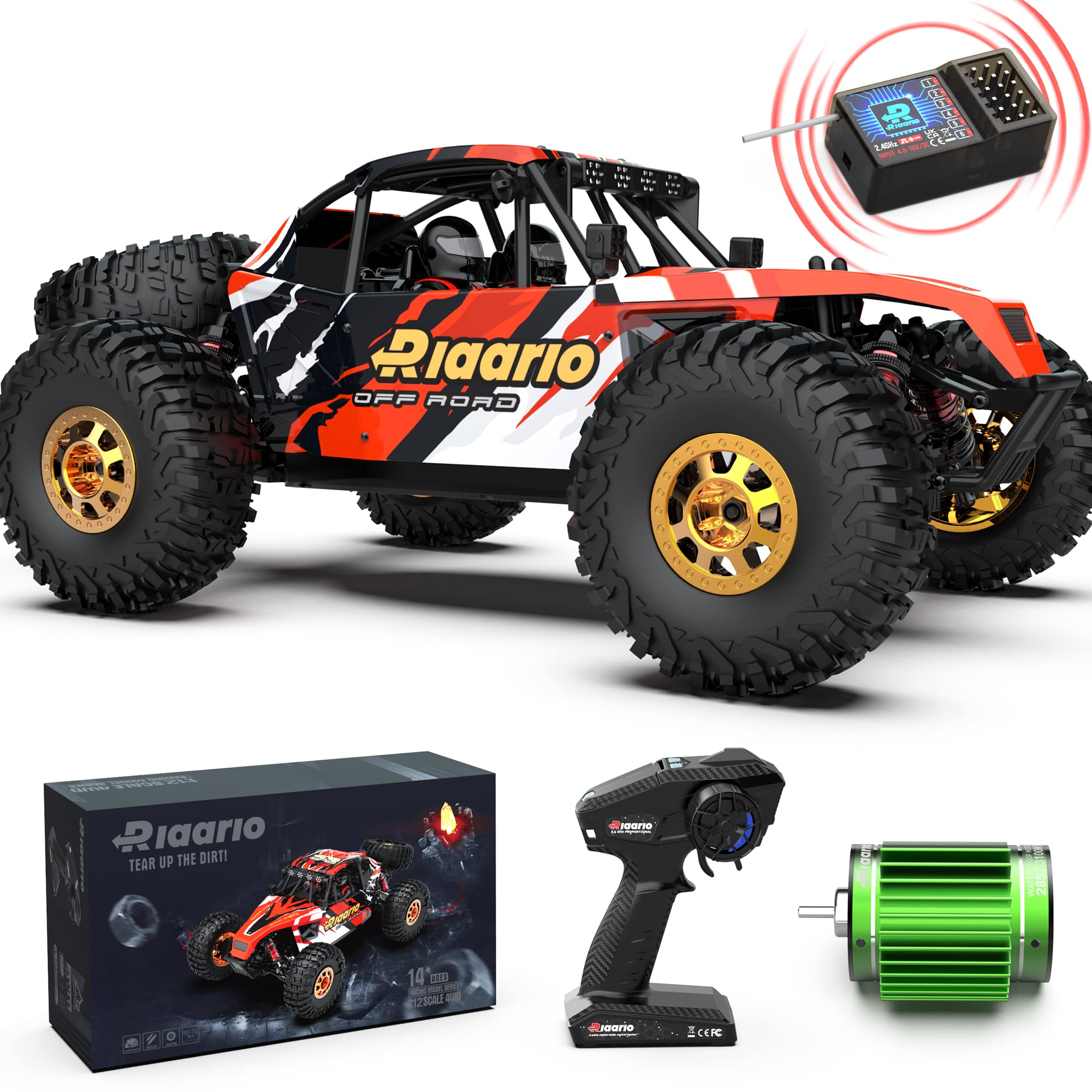 RIAARIO 1:12 RTR Brushless RC Desert Cars for Adults, Max 45MPH Fast RC Cars, Monster Truck with Independent ESC, 4X4 RC Truck for Boys, All Terrain Remote Control Car with Oil Filled Shocks(Red)