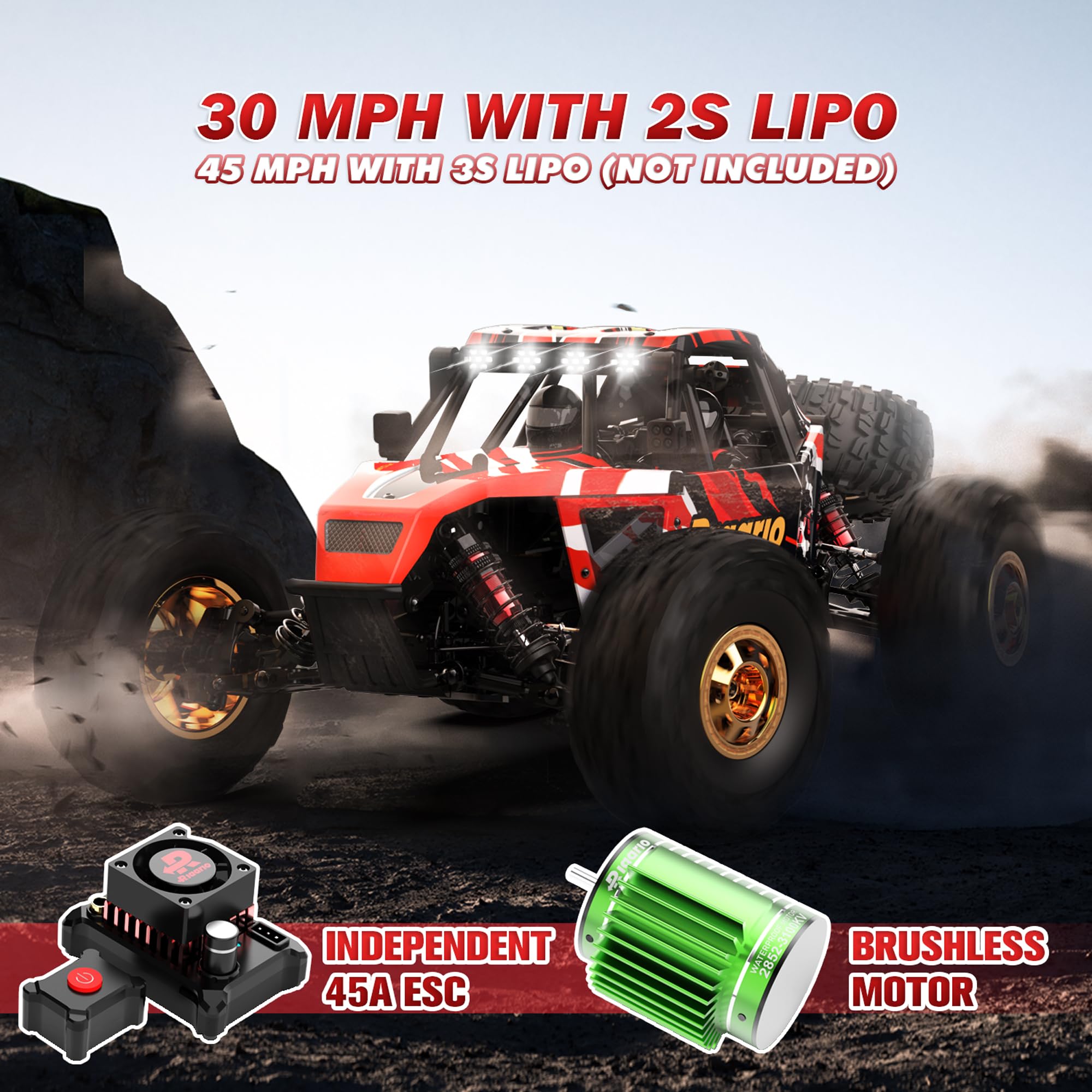 RIAARIO 1:12 RTR Brushless RC Desert Cars for Adults, Max 45MPH Fast RC Cars, Monster Truck with Independent ESC, 4X4 RC Truck for Boys, All Terrain Remote Control Car with Oil Filled Shocks(Red)