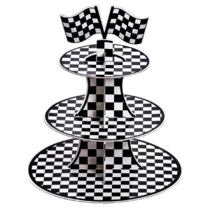 3-tier round cardboard cupcake stand, racing car theme cardboard cupcake holder, car theme dessert display stand tower, black and white checkered car party decorations supplies