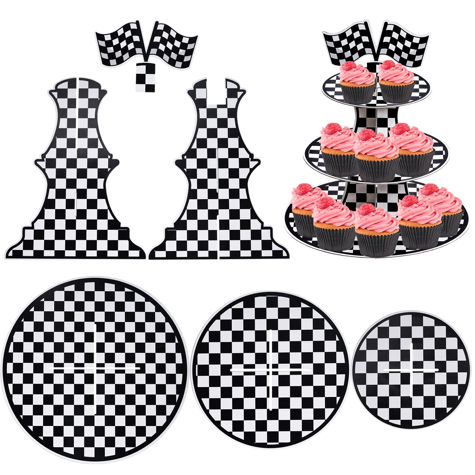 3-Tier Round Cardboard Cupcake Stand, Racing Car Theme Cardboard Cupcake Holder, Car Theme Dessert Display Stand Tower, Black and White Checkered Car Party Decorations Supplies