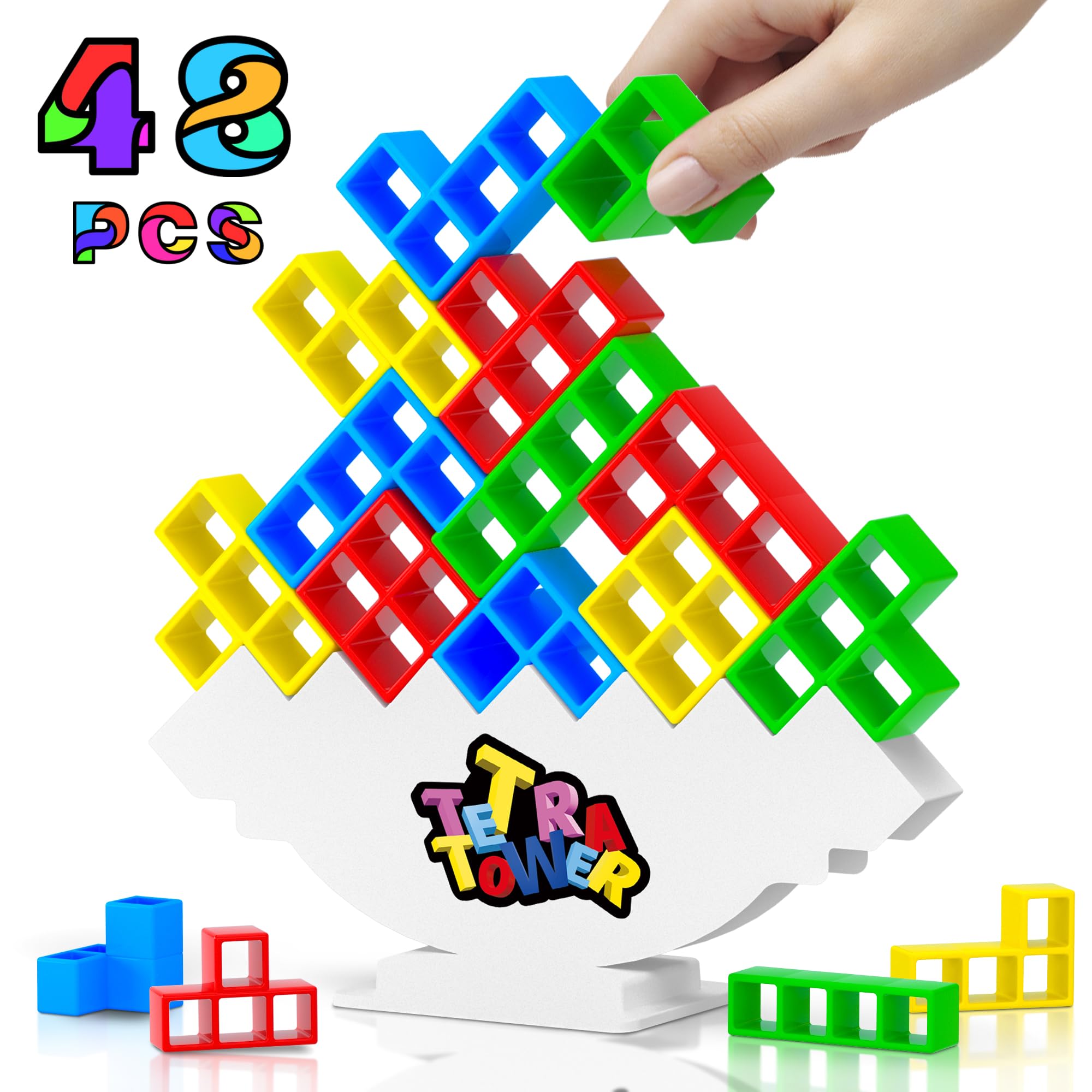 Btolin 48pcs Tetra Tower Balance Stacking Attack Block Game, Tetris Swing Terra Tower, Family Board Games for Kids & Adults, Team Building Parties Travel Toy