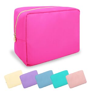 UIXIZQ Waterproof Large Makeup Bag Pouch,Nylon Women Travel Toiletry Storage Bag Preppy Cosmetic Bag for Girls,Big Makeup Organizer Bag Cute Zipper Pouch Bag for Sport Work Gift(Large-Hot Pink)