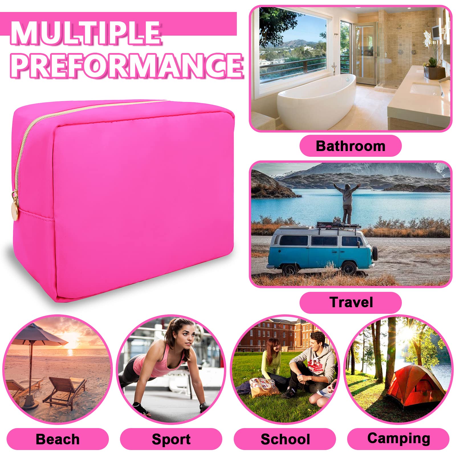 UIXIZQ Waterproof Large Makeup Bag Pouch,Nylon Women Travel Toiletry Storage Bag Preppy Cosmetic Bag for Girls,Big Makeup Organizer Bag Cute Zipper Pouch Bag for Sport Work Gift(Large-Hot Pink)