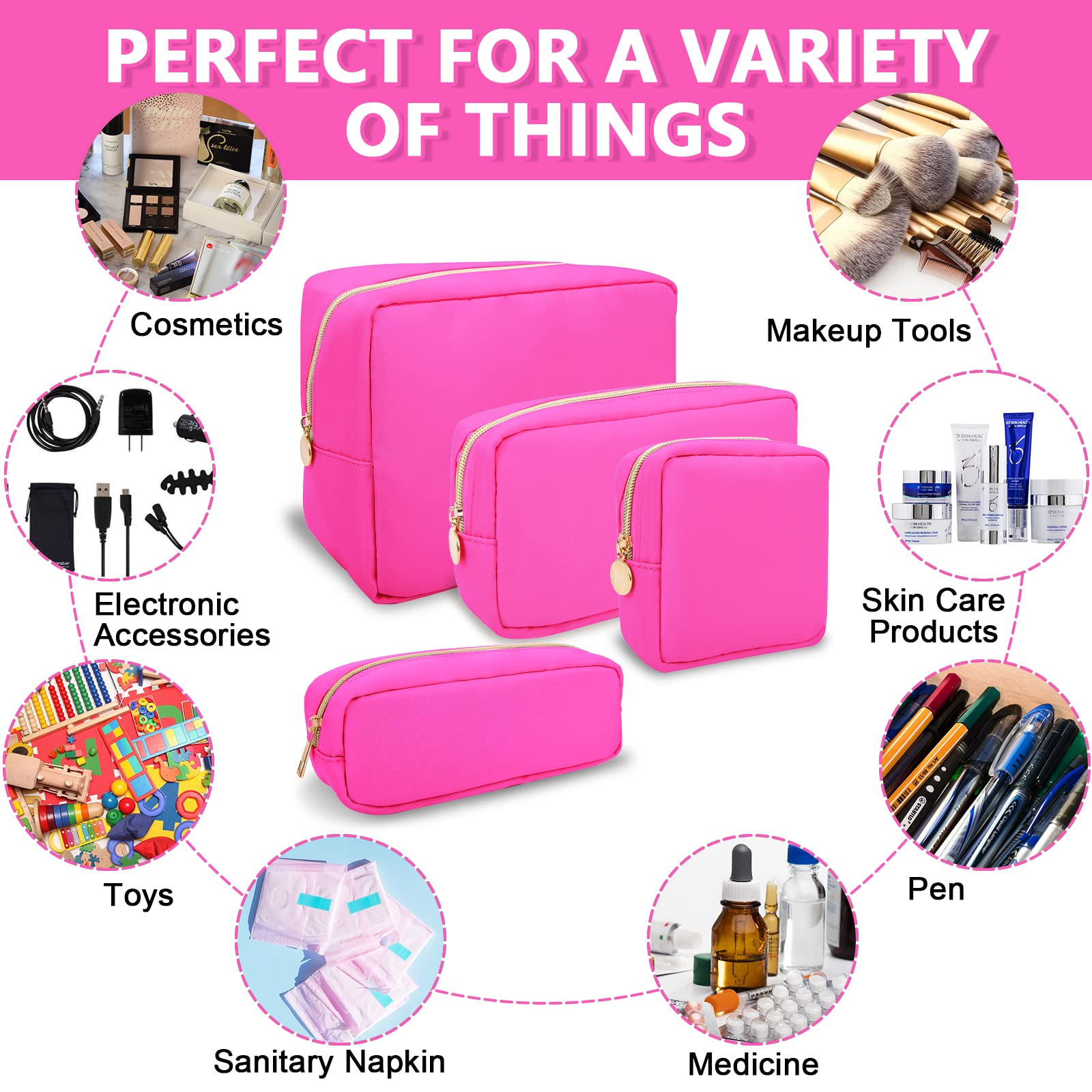 UIXIZQ Waterproof Large Makeup Bag Pouch,Nylon Women Travel Toiletry Storage Bag Preppy Cosmetic Bag for Girls,Big Makeup Organizer Bag Cute Zipper Pouch Bag for Sport Work Gift(Large-Hot Pink)