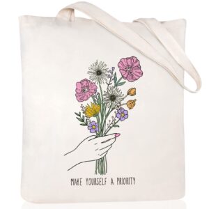 Andeiltech Canvas Tote Bag for Women Aesthetic Floral Tote Bag Wildflower Printed Book Lover Shoulder Reusable Grocery bags