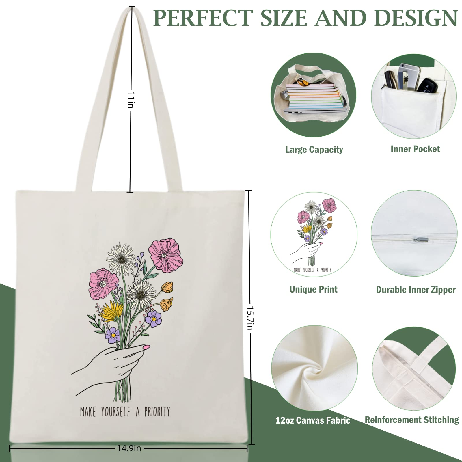 Andeiltech Canvas Tote Bag for Women Aesthetic Floral Tote Bag Wildflower Printed Book Lover Shoulder Reusable Grocery bags