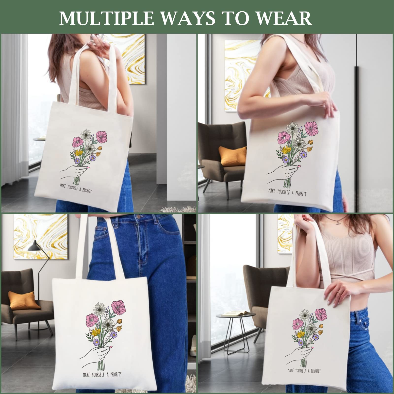 Andeiltech Canvas Tote Bag for Women Aesthetic Floral Tote Bag Wildflower Printed Book Lover Shoulder Reusable Grocery bags