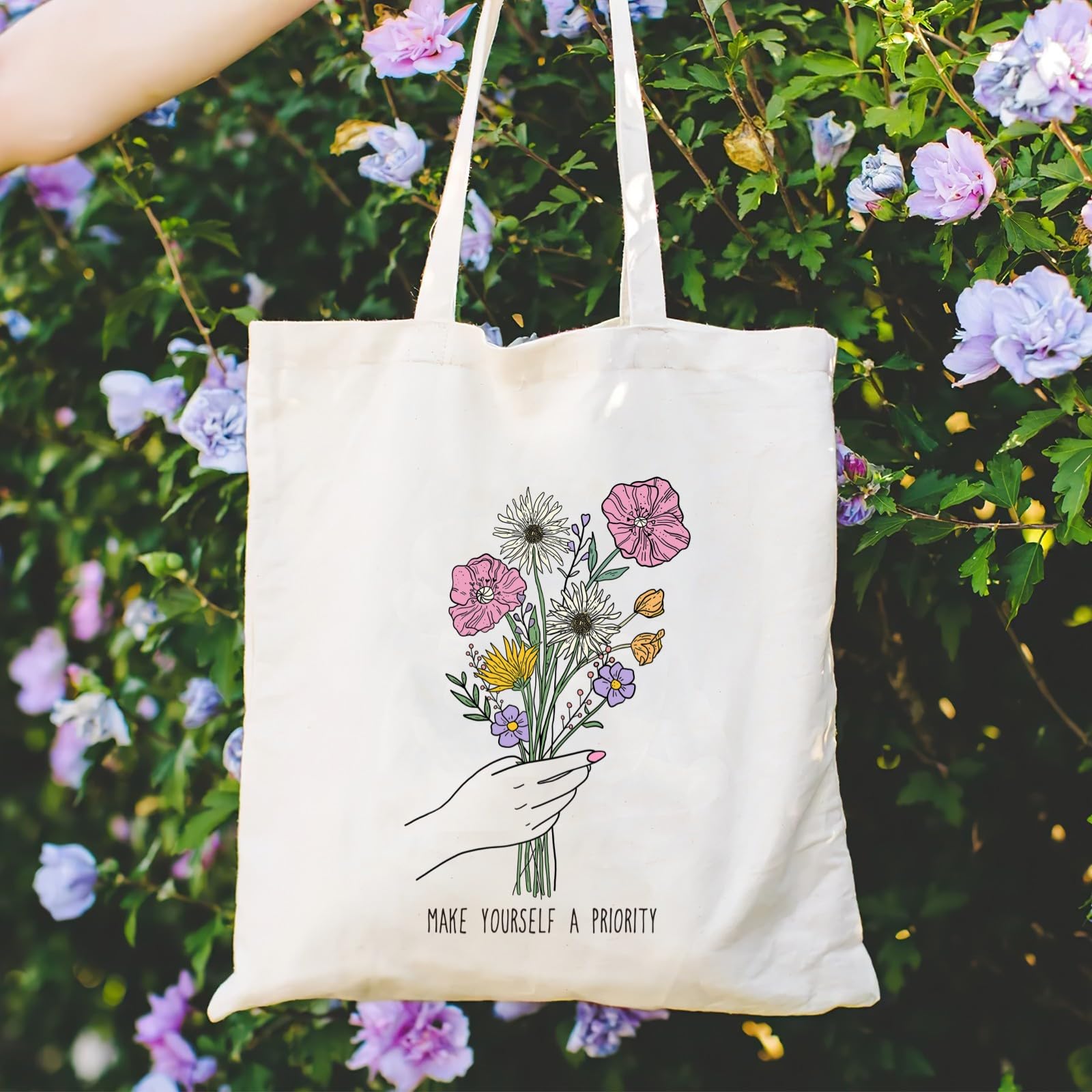 Andeiltech Canvas Tote Bag for Women Aesthetic Floral Tote Bag Wildflower Printed Book Lover Shoulder Reusable Grocery bags