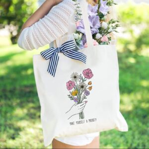 Andeiltech Canvas Tote Bag for Women Aesthetic Floral Tote Bag Wildflower Printed Book Lover Shoulder Reusable Grocery bags