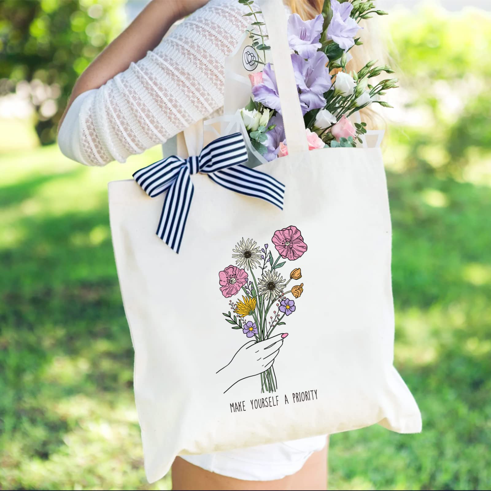 Andeiltech Canvas Tote Bag for Women Aesthetic Floral Tote Bag Wildflower Printed Book Lover Shoulder Reusable Grocery bags