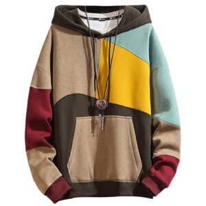 XIAOYAO Men's Fashion Hoodies Techwear Contrast Color Oversize Sweatshirts, Unisex Lightweight Patchwork Hip Hop Pullover Khaki