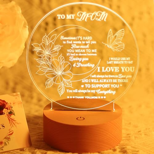 NISCHA Mothers Day Gifts from Daughter Son,Top Mother's Day Presents Ideas,Unique Mom Birthday Gift,3D Acrylic Night Lamp with Wooden Base and Greeting Card,3 Colors Touch Control (to my mom)