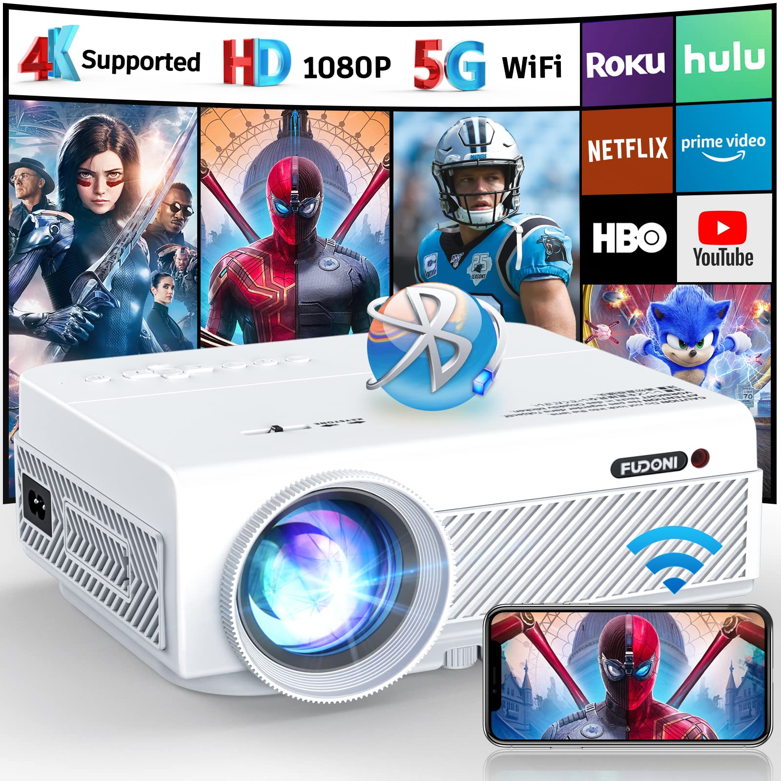 Projector with WiFi and Bluetooth, FUDONI 5G WiFi Native 1080P Outdoor Projector 11000L Support 4K, Portable Movie Projector with Screen and Max 300", for iOS/Android/Laptop/TV Stick/HDMI/USB/VGA/TF