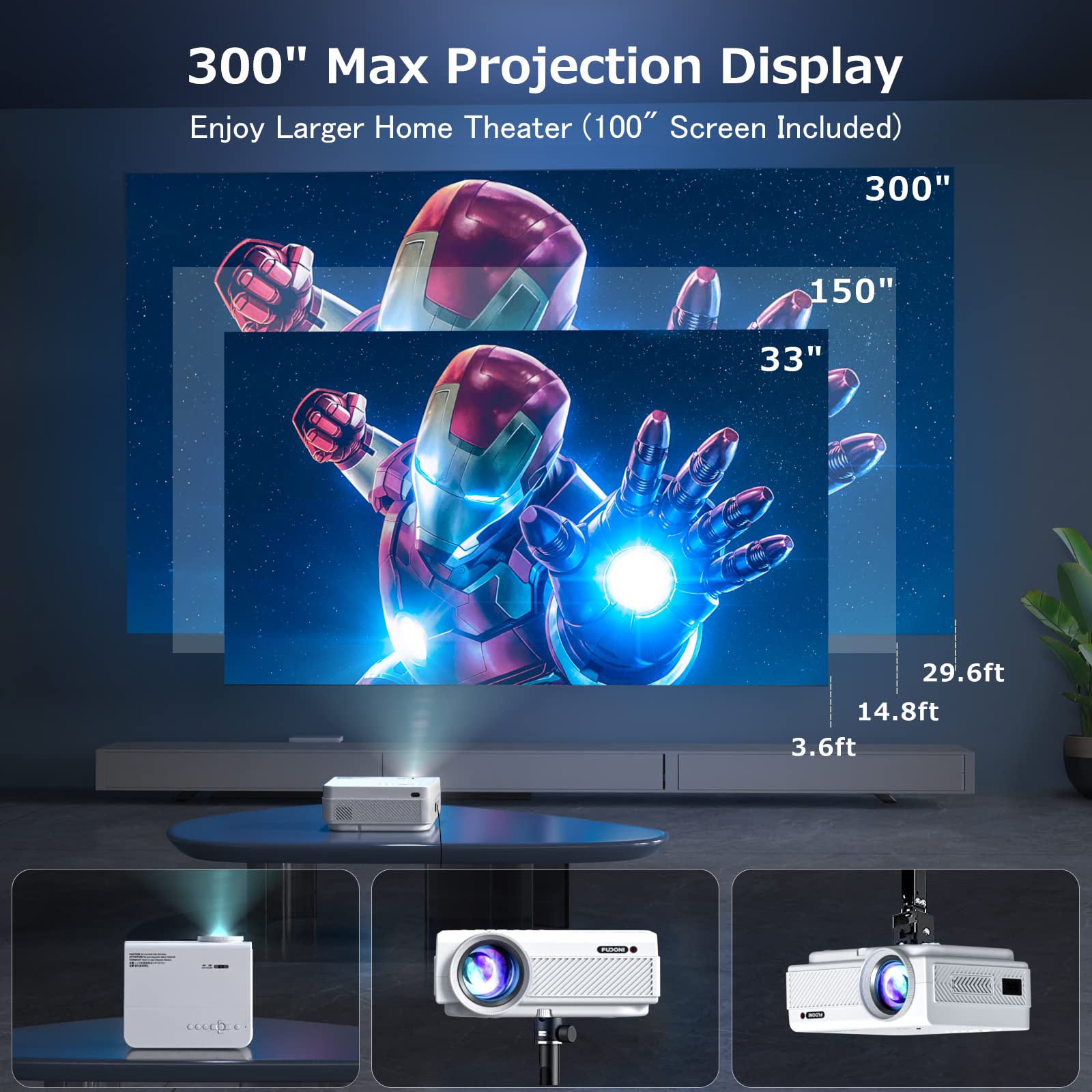 Projector with WiFi and Bluetooth, FUDONI 5G WiFi Native 1080P Outdoor Projector 11000L Support 4K, Portable Movie Projector with Screen and Max 300", for iOS/Android/Laptop/TV Stick/HDMI/USB/VGA/TF